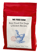 We Feed Raw chicken recipe dog food packaging in red resealable bag