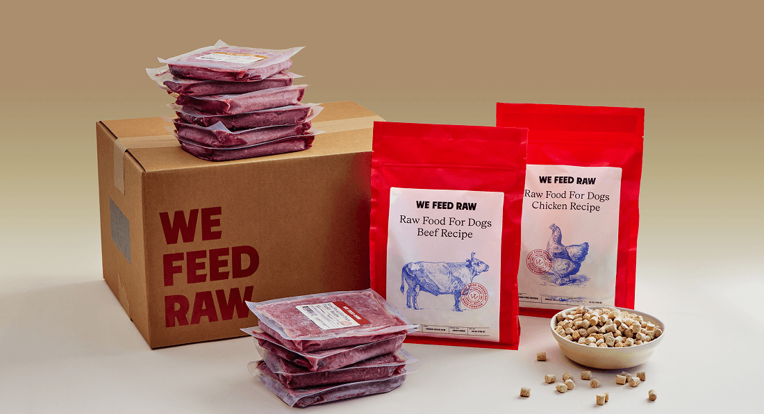 We Feed Raw product display showing a brown delivery box, stacks of frozen raw meat portions, red packaging bags with beef and chicken recipe labels, and a small bowl of kibble