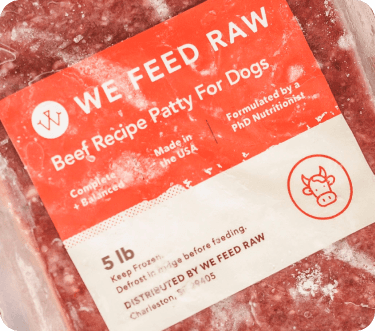 A package of We Feed Raw beef recipe patties