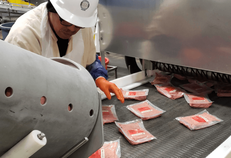 Worker inspecting packaged raw dog food portions on a production line conveyor belt